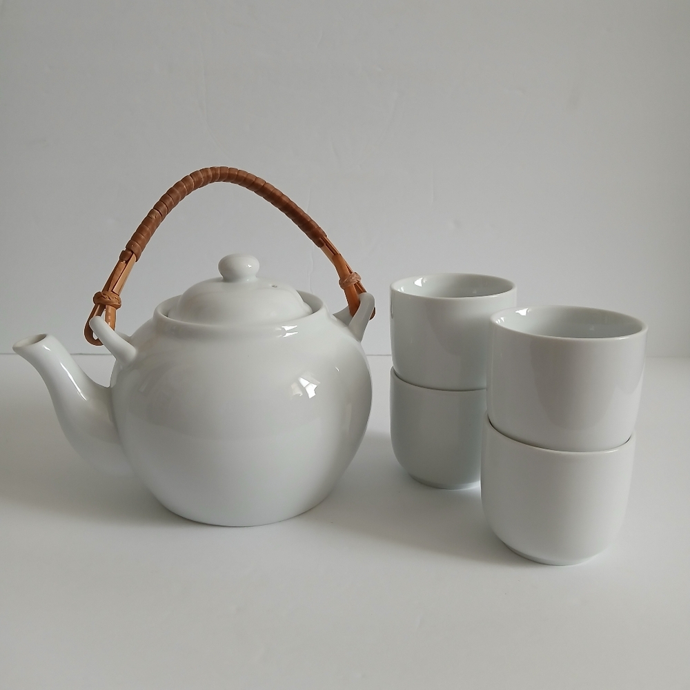 Pier 1 White Tea Set Boho Rafia Handle Asian Cottage